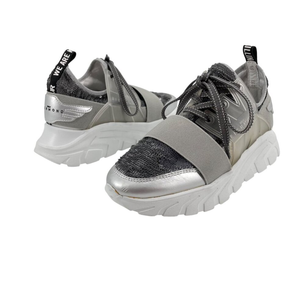 NWOT John Richmond Silver Sequin Trainers Sneakers Womens Size 5 Luxury Metallic